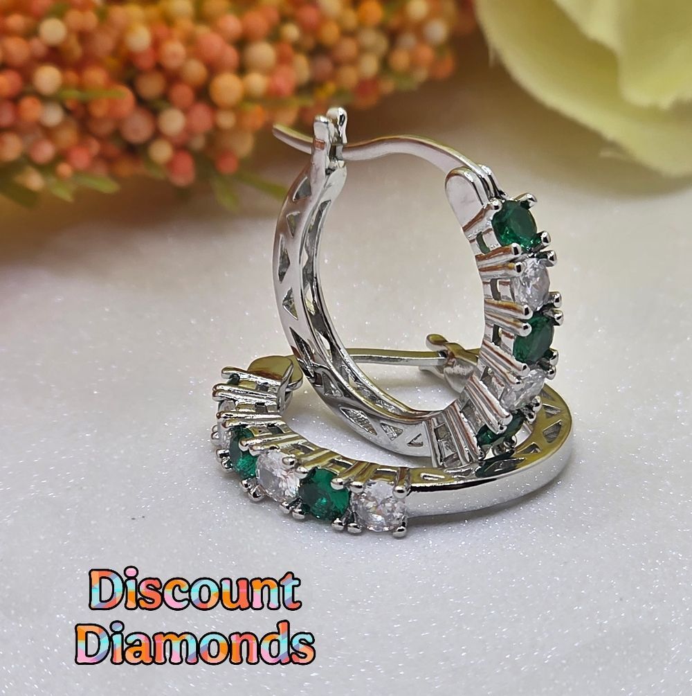 Green & White 2.20 Ct. Sapphire Hoop Earrings 14K White Gold 925 Sterling Silver
